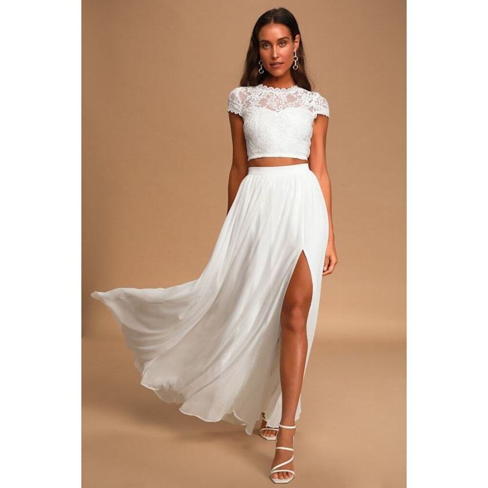 Lulus Sweet Stunner White Lace Two-piece Maxi Dress - Size M